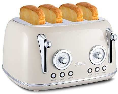 Wiltal Toaster 4 Scheiben, Toaster Langschlitz, Edelstahl Gehäuse, mit Integrierten Brötchenaufsatz, Mit Deckel, Bräunungsgrad 1-6, Abtauen Funktion, Krümelschublade, Retro Toaster, Creme Weiß