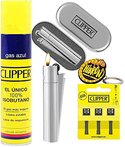 Clipper 1 Encendedor Mechero Clásico Largo Metal Plateado Brillo y Mate + 1 Llavero+1gas+1 Pack de 3Piedra de Ignición Flint (Plateado Kit)