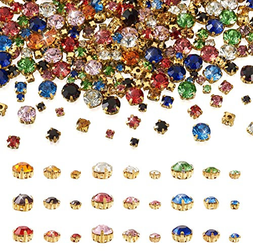 Cheriswelry 918 Stück Strasssteine zum Aufnähen mit goldenen Krappenfassungen, flache runde Klaue, flache Rückseite, Kristallglas-Strasssteine für Kleid, Kleidung, Schuhe, Tasche, Dekoration