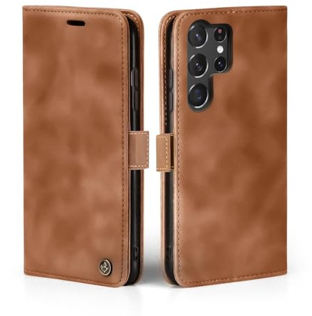 LBH Handyhülle für Samsung Galaxy S23 Ultra in Hellbraun mit Karten- und Geldfach Smartphone Hülle mit Standfunktion Flip Case Schutzhülle Magnetverschluss Vintage
