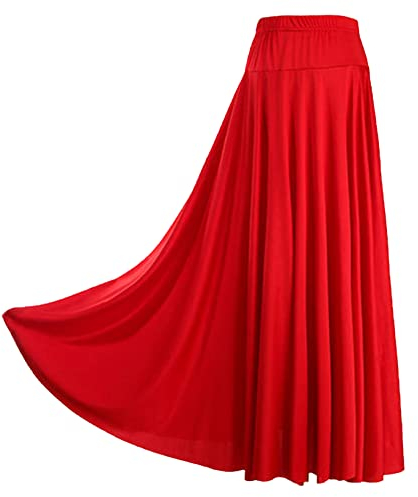 Nyeemya Damen Flamenco Rock Maxi Lang Tanzrock Elastische Taille Tellerrock Basic Einfarbig Unterrock mit Falten Rot L
