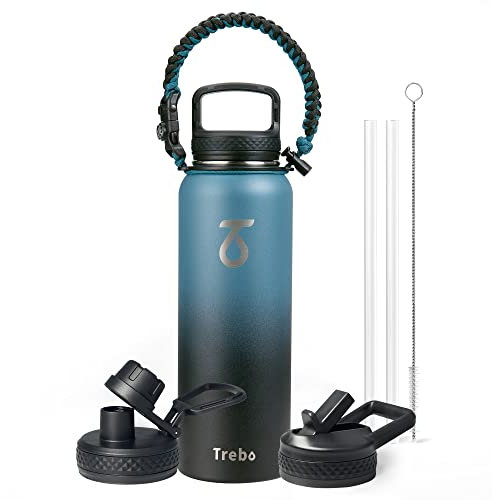 Trebo Water Bottle Insulated 40oz with Paracord Handle, Vacuum Double Wall Stainless Steel Water Jug, 48hr Cold Retention, Leakproof BPA-Free Thermos With 3 Lids Fits in Car Cup Holder, Indigo/Black