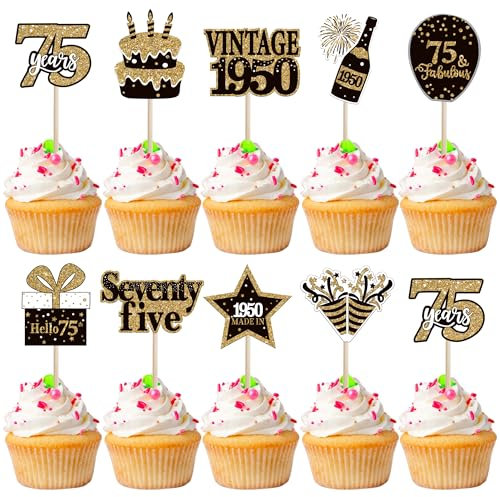 Cupcake-Topper Happy 75th Birthday, doppelseitig, Schwarz/Gold, 75. Geburtstag, Partyzubehör zum 75. Geburtstag, 36 Stück