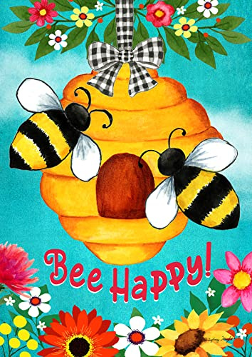 Toland Home Garden 1112678 Bee Happy Hive - Bandera de primavera de 12 x 18 pulgadas, doble cara para flores al aire libre, decoración de casa y patio