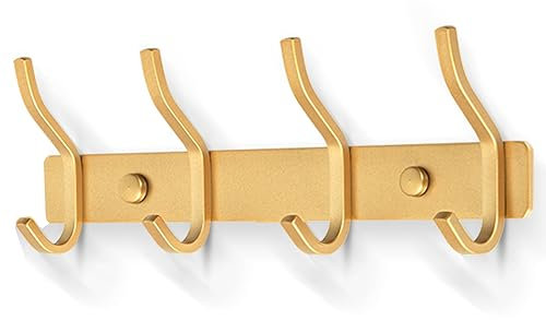 MEIJO Percheros Pared con 4 ganchos, Ganchos Perchas de Montaje en Pared Acero inoxidable Colgadores Ganchos Perchero para Entrada, Cocina, Baño (4 Ganchos, Oro)