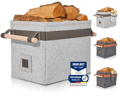 OAKAGE® Holzkorb für Kaminholz Groß [Integrierter Metallrahmen für Zusatzstabilität] Kaminholzkorb Filz Feuerholzkorb Brennholzkorb Kaminkorb Filzkorb | Korb Hellgrau