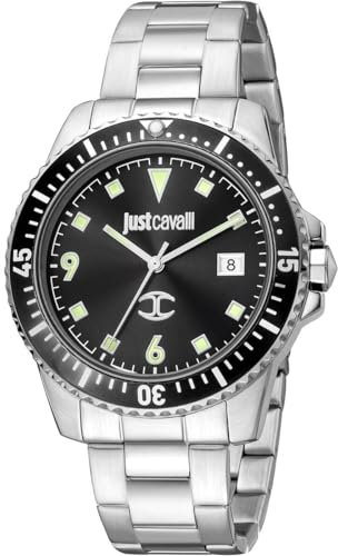 JUST CAVALLI Herrenuhr, silberfarbenes Gehäuse, schwarzes Zifferblatt, Edelstahl-Metallarmband, 3-Zeiger-Datum, 10 ATM – JC1G246M0065, silberfarben, Klassisch