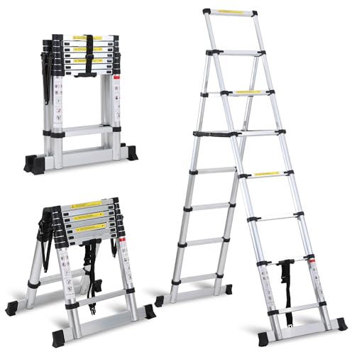 Eulenke teleskopleiter klappleiter 2+2,3M aluleiter 6+7 Stufen Tragbare rutschfeste ausziehbare Leiter, 150 kg Belastbarkeit, Leiter ausziehbar, Mehrzweckleiter, Haushaltsleiter, treppenhausleiter