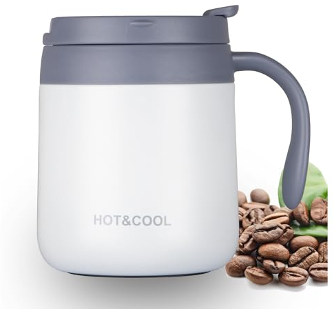 SCJHMY Tasse 350ml, Thermosbecher aus Edelstahl, Thermobecher mit Deckel und Henkel, Doppelwandiges Vakuum ReiseBecher, Camping Mug, Isolierte Kaffeetasse aus Edelstahl (Weiß)