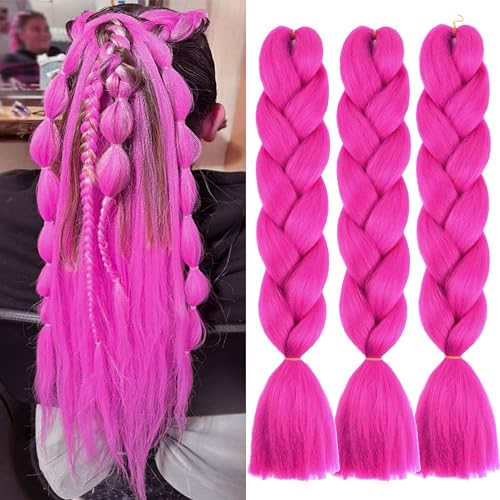 ColorfulPanda - Paquete de 3 extensiones de cabello para trenzar, pelo trenzado de ganchillo, color rosa intenso, trenzas sintéticas Yaki fáciles de jumbo, preestiradas, caja africana, pelo trenzado,