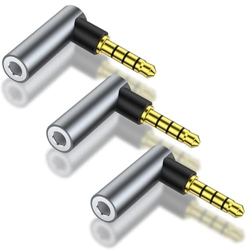 HATMINI 3 Pack Angle 3.5mm Male to Female Audio Adapter, 90 Degree Right Angle 3.5mm 1/8 TRRS Stereo Jack Coupler, Gold Plated Connectors, for Mobile Phones, Tablets, Car Audio, Speakers