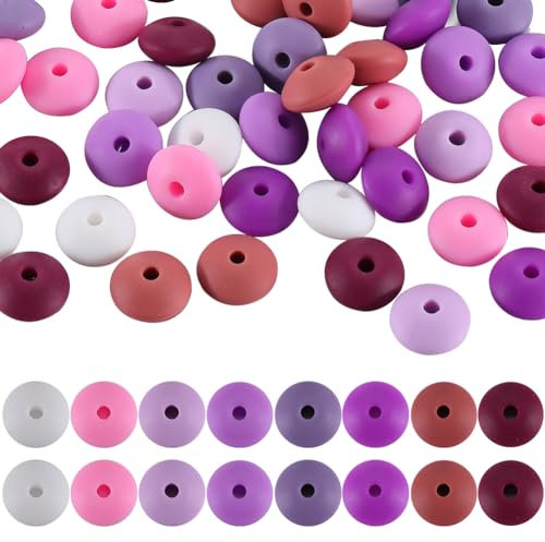 SUNNYCLUE 1 boîte de 96 perles de Lentilles en Silicone Violet de 12 mm en Vrac de Boulier en Caoutchouc en Forme de Boulier Mignon Plat Rond Focal Doux Perle D'Espacement en Vrac pour Porte-Clés, Sty
