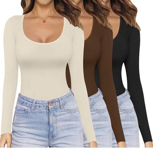 Ekouaer Camiseta Interior Térmica Mujer 3 Paquetes Manga Larga Sexy Thermal Top Negro Marrón Beige XXL