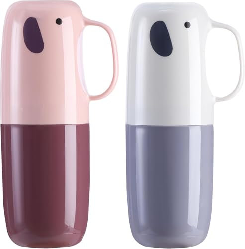 Amexo 2 Stück Reise Wasser Becher Set Tragbar Zahnbürsten Etui mit Griff für Zahnbürsten und Zahnpasta Niedliches Zahnputzbecher für Reisen Wandern Camping Schule (Grau + Lila)