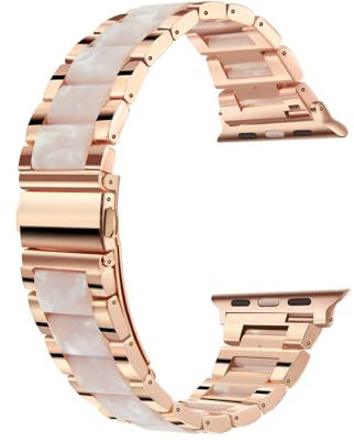 Fizdvsts Compatible with Apple Watch Band Resin Metal Wristbands, Women's Strap Fashion Chain Bracelet for iWatch Series 8 7 6 SE 5 4 3 2 1 Ultra Rosa Gold 1