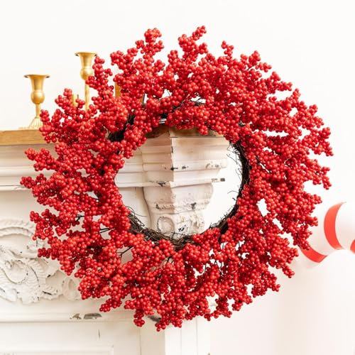 Corona de bayas rojas, corona de Navidad de 50 cm, corona de Navidad de bayas rojas grandes, guirnaldas de Navidad artificiales para puerta delantera, coronas de Navidad para el hogar, cafetería,