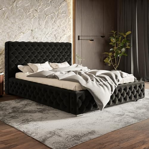 MOTIVENA Dianna Chesterfield Bett 180x200, Polsterbett 180x200, mit Bettkasten, mit Stauraum, mit Lattenrost, mit Kopfteil, ohne Matratze, Bett Samt, Schwarz