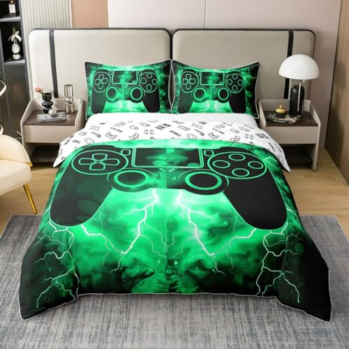 Loussiesd Gaming Gamer 100% Baumwolle Bettwäsche Set 155x220cm Blitze Gamepad Bettbezug Set für Spielkonsole Betten Set Schwarz Grün Modern Dekor für Schlafzimmer Bettwäsche-Set für Jungen Mädchen
