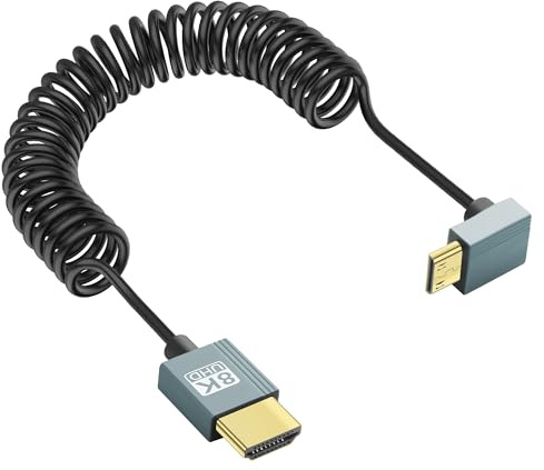 JSADZKJ 90 Degree Mini HDMI to HDMI Coiled Cable 8K Ultra Thin HDMI Male to Mini HDMI Male 2.1 Cord Down Angle Mini HDMI to HDMI Spiral Cable Compatible with Camera,DSLR,HDTV,Laptop,Monitor 3ft