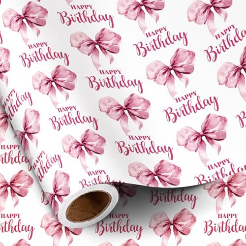 RUSPEPA Geburtstags-Geschenkpapierrolle für Damen und Mädchen, Mini-Rolle, rosa Schleife mit „Happy Birthday“-Schriftzug, Geschenkpapier für Babypartys und Partys, 43,2 cm x 5 m