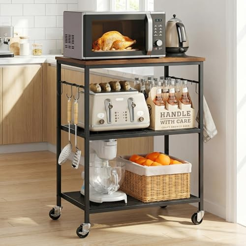 Homleke 3-Tier Rolling Kitchen Microwave Cart, Kitchen Utility Cart on Lockable Wheels, Coffee Bar Table Station with 6 S-Shaped Hooks, Small Appliance Storage Shelf, Rustic Brown and Black