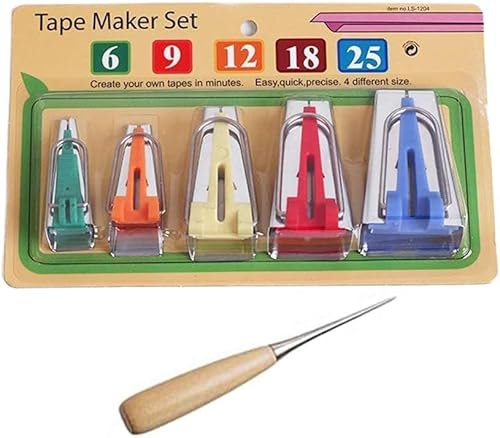 YICBOR Schrägbandformer-Set, 6 mm, 9 mm, 12 mm, 18 mm, 25 mm, 5 Größen, Stoff-Nähen, Quilten, Schrägbindewerkzeuge, mit 1 Ahle