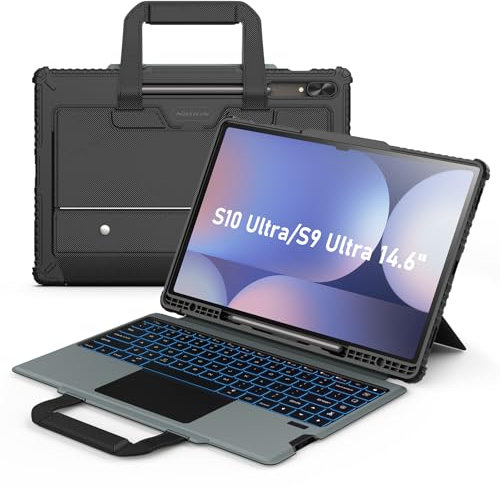Nillkin Tragbar Tastatur Hülle für Samsung Galaxy Tab S10 Ultra Mit 7 Farbiger Beleuchtung, Bluetooth Deutsches Tastatur, Kameraschutz, Trackpad und Stifthalter für Tab S10 Ultra/S9 Ultra 14.6 Zoll