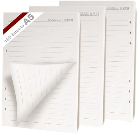 KINETOX 3 Pack Ringbuch A5 Nachfüllbare 180 Blätter Papiera 6 Loch Linien A5 Nachfüllpapier Nachfüllbare Refill Paper Nachfülleinlagen für a5-Notizbücher Tagebücher Skizzen Agenden Planer