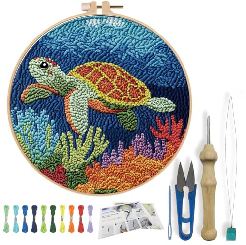 FREEBLOSS DIY Punch Needle Kit Meeresschildkröte Punch Needle Stickerei Wandbehang Gemälde Für Anfänger Poke Embroidery Pusteblumen Zimmer Dekor Bereits Gerahmt