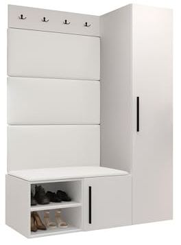 Mirjan24 Garderoben-Set Mapreni II, Schuhschrank + Kleiderhakenbrett + Kleiderschrank Gepolstertes Paneel/Wandpaneel Kleiderhaken Flurgarderobe Wandgarderobe (Weiß, Soft 017)