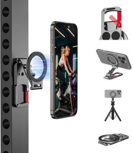 BRDRC Magnetic Phone Mount for MagSafe, Maglock Tripod Adapter Magnet Golf Gym Workout Stand Metal Carabiner Holder with 1/4 Screw Hole, for iPhone 17 16 15 14 13 Series Foldable Portable Accessories