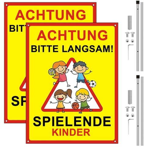 Cartello di Attenzione Bambini in Gioco, Segnale Rallentamento in Alluminio Riflettente con Viti e Chiave, per Interni ed Esterni (2, 30 * 20cm)