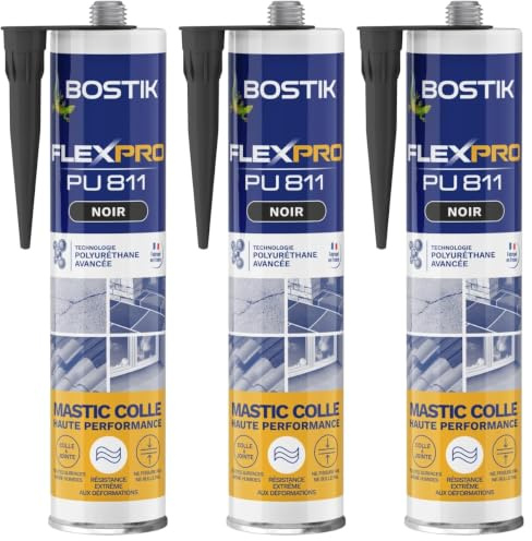 Bostik Mastic Colle Flexpro PU811 – Colle et Jointe Tous Matériaux – Multi-Usages – Intérieur/Extérieur et Milieux Humides – Formule Polyuréthane Haute Performance – Couleur : Noir – 300 ml (Lot de 3)