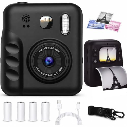 happyimpress Appareil Photo Instantané Enfant, 2'' Écran HD Impression Immédiate sans Encre avec 4 Rouleaux d'impression Jeux Intégrés et Dessins Cadeau Enfants & Ados 3 à 12 Ans (Noir)