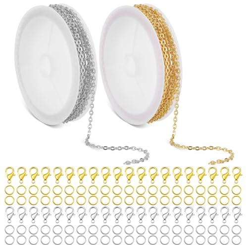 LLOUSSAK 2 Rollen Gliederkette Gold Silber, Schmuckketten zum Basteln | Gliederkette Meterware,Halskettenketten Zubehör,80 Ringen,40 Karabinerverschlüssen,für Schmuck,Halsketten,Ohrringe Diy