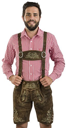 Schöneberger Trachten Couture Herren Trachtenlederhose braunes Leder - grüne Stickereien - Klassische Lederhose inkl. Hosenträger für Oktoberfest Herbstlaub (46)