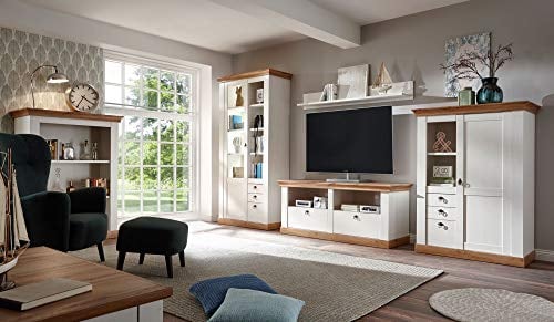 Newfurn Wohnwand Anbauwand Landhaus Wohnzimmerschrank Wohnlandschaft Mediawand Fernsehschrank II 356x204x 44-52 cm (BxHxT) II [Malte.Three Compact] in Pinie Weiß/Wotan Eiche Wohnzimmer