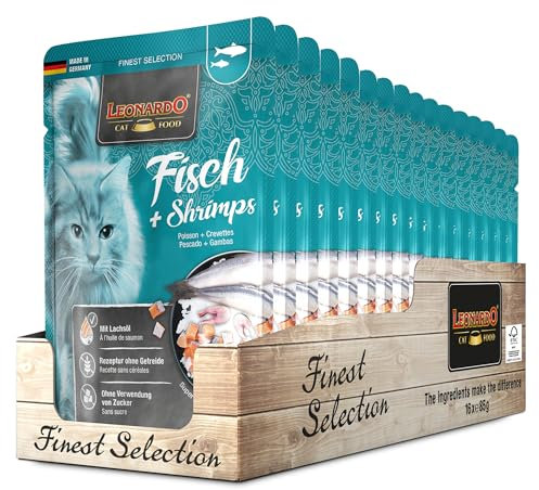 LEONARDO Frischebeutel [16x85g Fisch & Shrimps] | Getreidefreies Nassfutter für Katzen | Feuchtfutter Alleinfutter im Einzelportionsbeutel