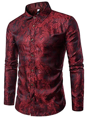 Allthemen Men's Dress Shirts Long Sleeve Paisley Shirt Jacquard Silk Formal Shirts for Men Button Down Collar Casual Tuxedo Shirts, Wine Red, M