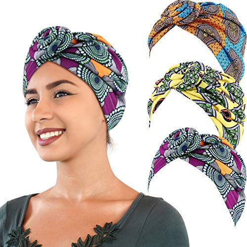 SATINIOR 3 Stücke Afrikanischen Turban Kopf Wickeln Schal Boho Turban Elastische Verknotete Mütze Cap (Gelb, Orange und Grün)