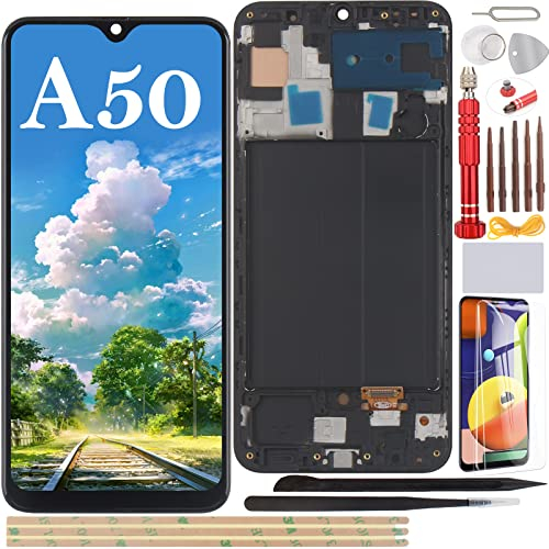 YHX-OU 6,4'' AMOLED LCD para Samsung Galaxy A50 A505F A505FN Pantalla Táctil de Reemplazo del Digitalizador con Herramientas de Instalación + 1 Pieza de Galaxy A50 Cristal Templado (Negro + Marco)