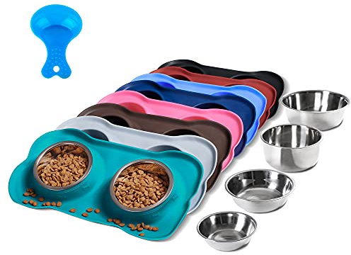 Hubulk 2 Stainless Steel Pet Dog Bowls with No Spill Non-Skid Silicone Mat + Pet Food Scoop Water and Food Feeder Bowls for Feeding Small Medium Large Dogs Cats (Green, Medium(Pack of 1))