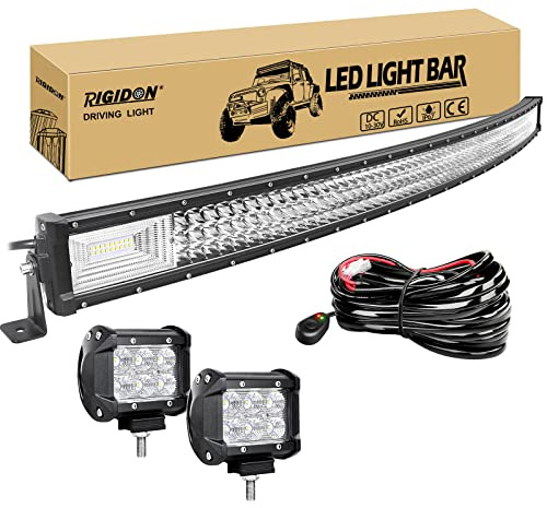 RIGIDON 52 zoll 132cm 675W gebogene led lightbar, led lichtleiste 4x4 kfz | 12v kabelbaum kit, 2x 4 zoll 18W arbeitsleuchte, flood, led pods, offroad beleuchtung, für auto ATV SUV LKW Pickup Fahrzeuge