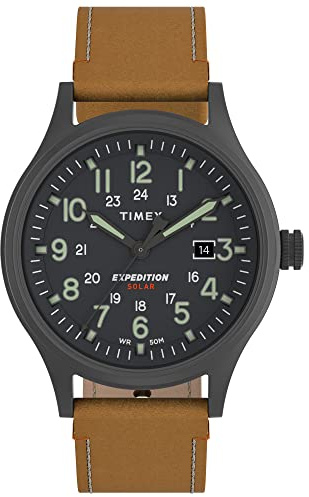 Timex Men's Expedition Scout Solar 40mm Watch – Gunmetal Case Gray Dial with Tan Genuine Leather Strap