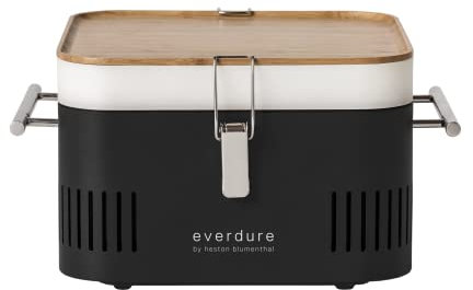 Everdure CUBE Portable Charcoal Grill, Tabletop BBQ, Perfect Tailgate, Beach, Patio, or Camping Grill, Lightweight & Compact Small Grill with Preparation Board & Food Storage Tray, Matte Black