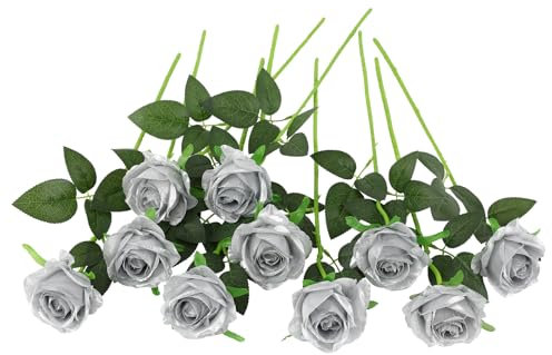 Justoyou Roas artificiales de seda, ramo de novia (plata)