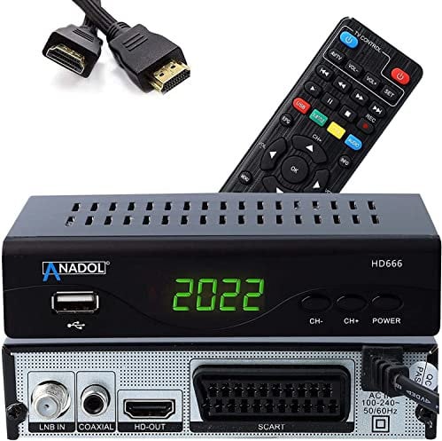 [Test: GUT *] Anadol HD 666 digital Sat Receiver mit PVR Aufnahmefunktion & AAC-LC fähig, für Satelliten TV, SCART, USB, für Satellitenschüssel, HDMI, DVB-S2, Astra Hotbird Sortiert + HDMI Kabel