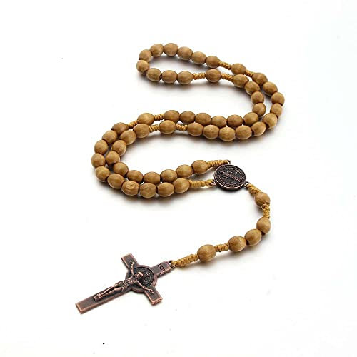 Katholisches Kreuz Rosenkranz Halskette, Naturholz Gebetskette mit Medaille Kreuz Jesus Christus Heiliger Benedikt, für katholische Christen Religiöse Kommunion, Taufe, Messe, Bibel