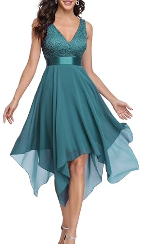 Ever-Pretty Women's Sleeveless V Neck Empire Waist A Line Lace Chiffon Knee Length Bridesmaid Dresses with Asymmetry Hem Teal 22UK