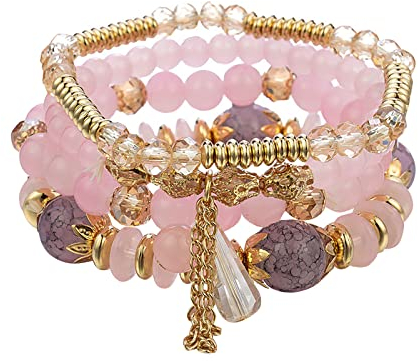Stackable Bead Bracelets Ladies Mens Multilayer Bracelet Set Multicolor Jewelry Fitness Trackers for Men (Pink, One Size)